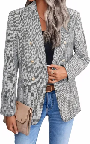 2025 Women's Spring Tweed Blazer Jacket Plaid Fully-Lined Fashion Business Casual Lapel Elegant Coat with Pockets