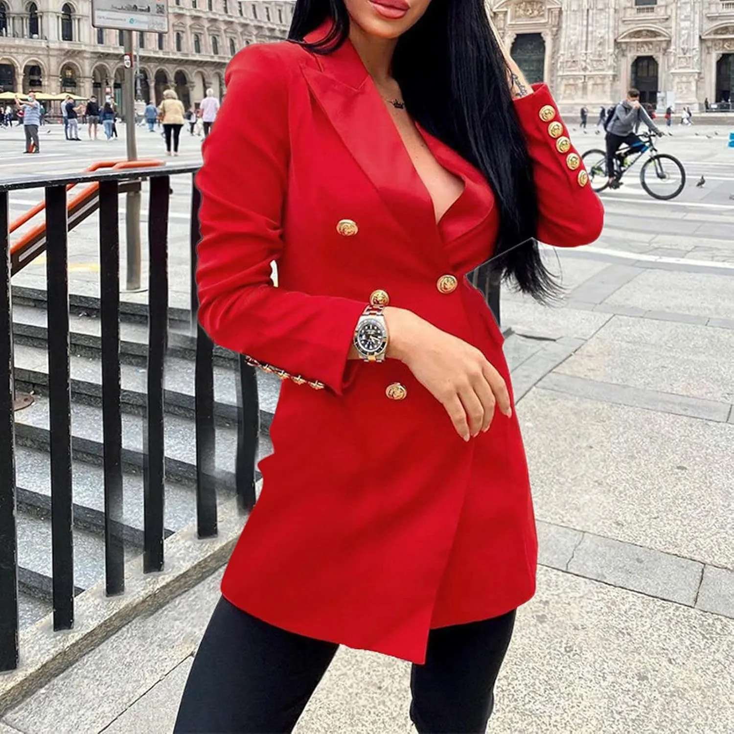 Blazer for Women Button Long Sleeve Lapel Pocket Mid-Length Style Elegant Trendy Elegant Simple Fashion Work Suit