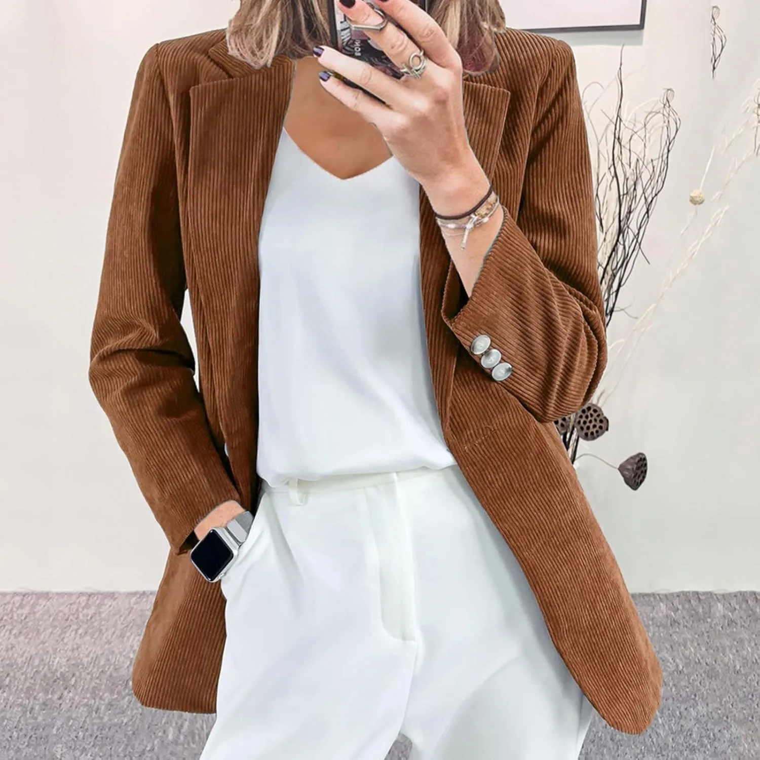 Blazer for Women Long Sleeve Lapel Tighten Waist Mid-Length Style Elegant Trendy Elegant Soft Comfy Dressy Work Suit
