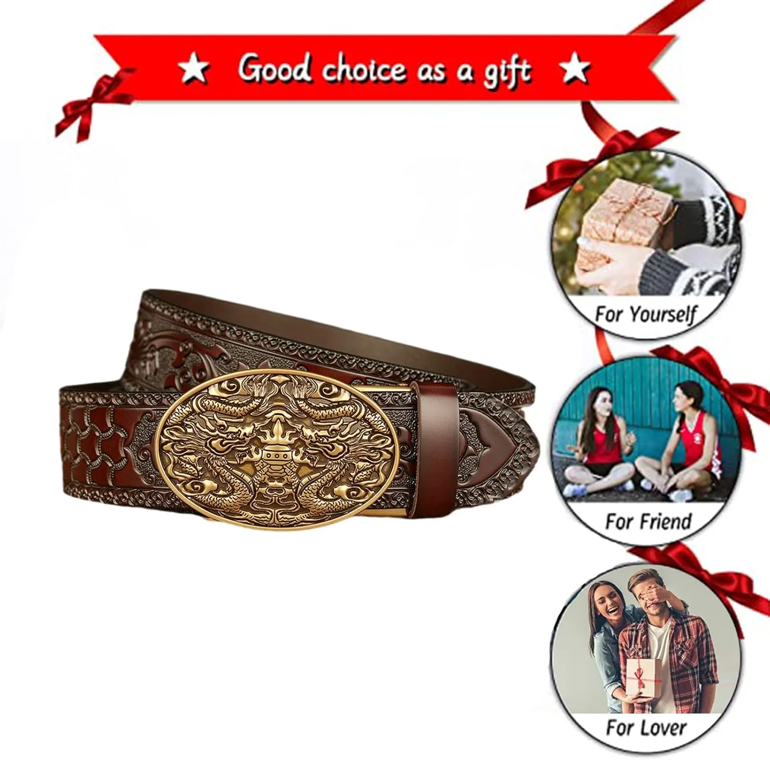 Brown Leather Belt Strap with Floral Embossed Western,Slide Ratchet Belt for Men Dress Pant Shirt Oxfords,Trim to Fit(130cm/waist:44"~46", Dragon~A)