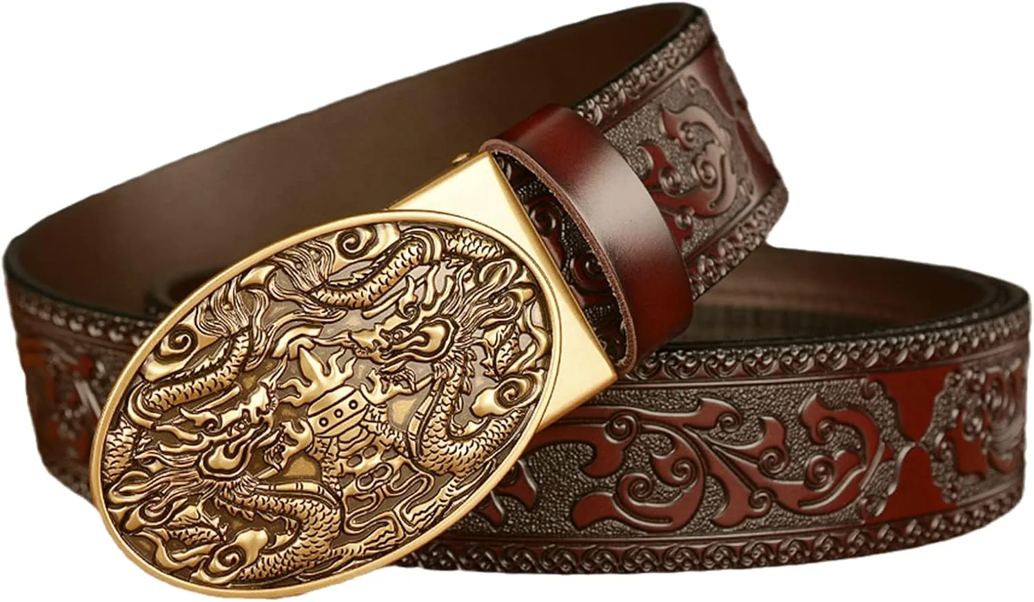 Brown Leather Belt Strap with Floral Embossed Western,Slide Ratchet Belt for Men Dress Pant Shirt Oxfords,Trim to Fit(130cm/waist:44"~46", Dragon~A)