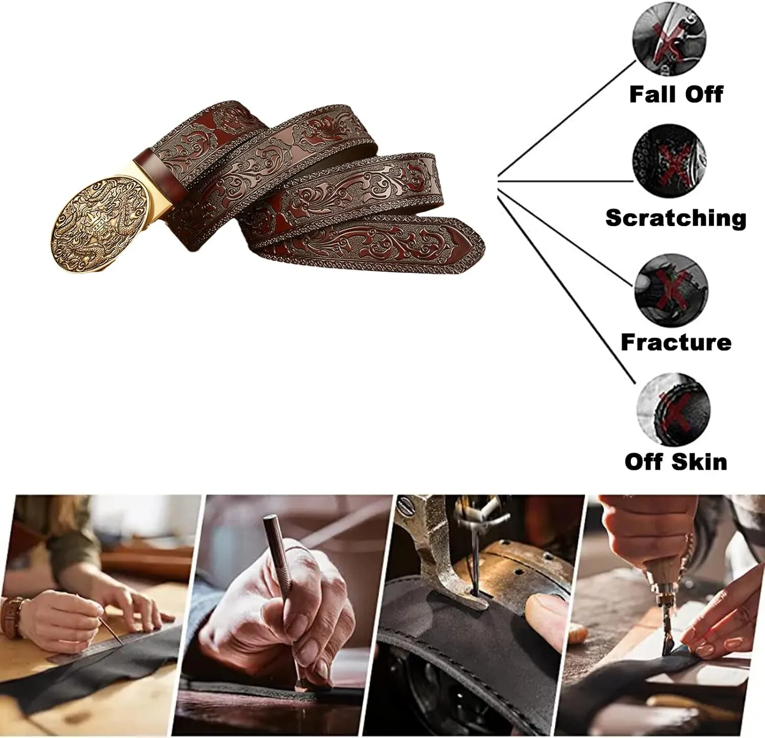 Brown Leather Belt Strap with Floral Embossed Western,Slide Ratchet Belt for Men Dress Pant Shirt Oxfords,Trim to Fit(130cm/waist:44"~46", Dragon~A)