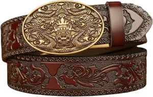 Brown Leather Belt Strap with Floral Embossed Western,Slide Ratchet Belt for Men Dress Pant Shirt Oxfords,Trim to Fit(130cm/waist:44"~46", Dragon~A)