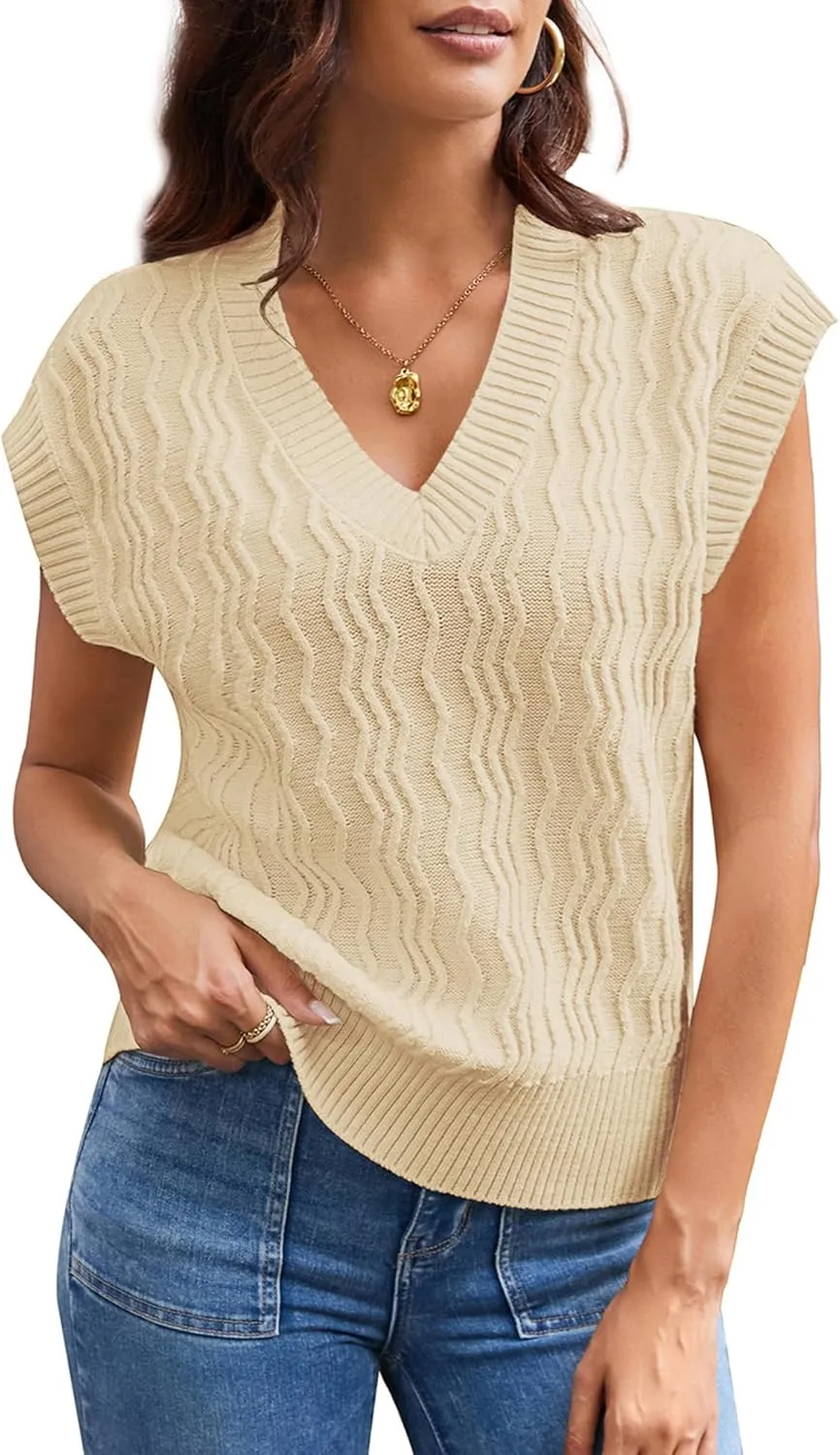 GRACE KARIN Womens V Neck Sweater Vest Ribbed Knit Casual Cap Sleeve Loose Fit Pullover Tops Fall Clothes 2024