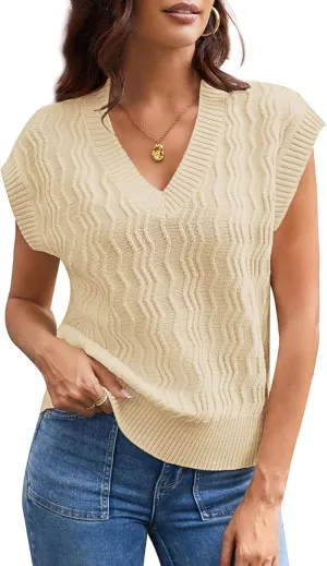 GRACE KARIN Womens V Neck Sweater Vest Ribbed Knit Casual Cap Sleeve Loose Fit Pullover Tops Fall Clothes 2024