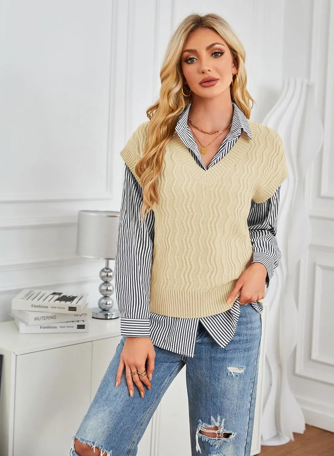 GRACE KARIN Womens V Neck Sweater Vest Ribbed Knit Casual Cap Sleeve Loose Fit Pullover Tops Fall Clothes 2024