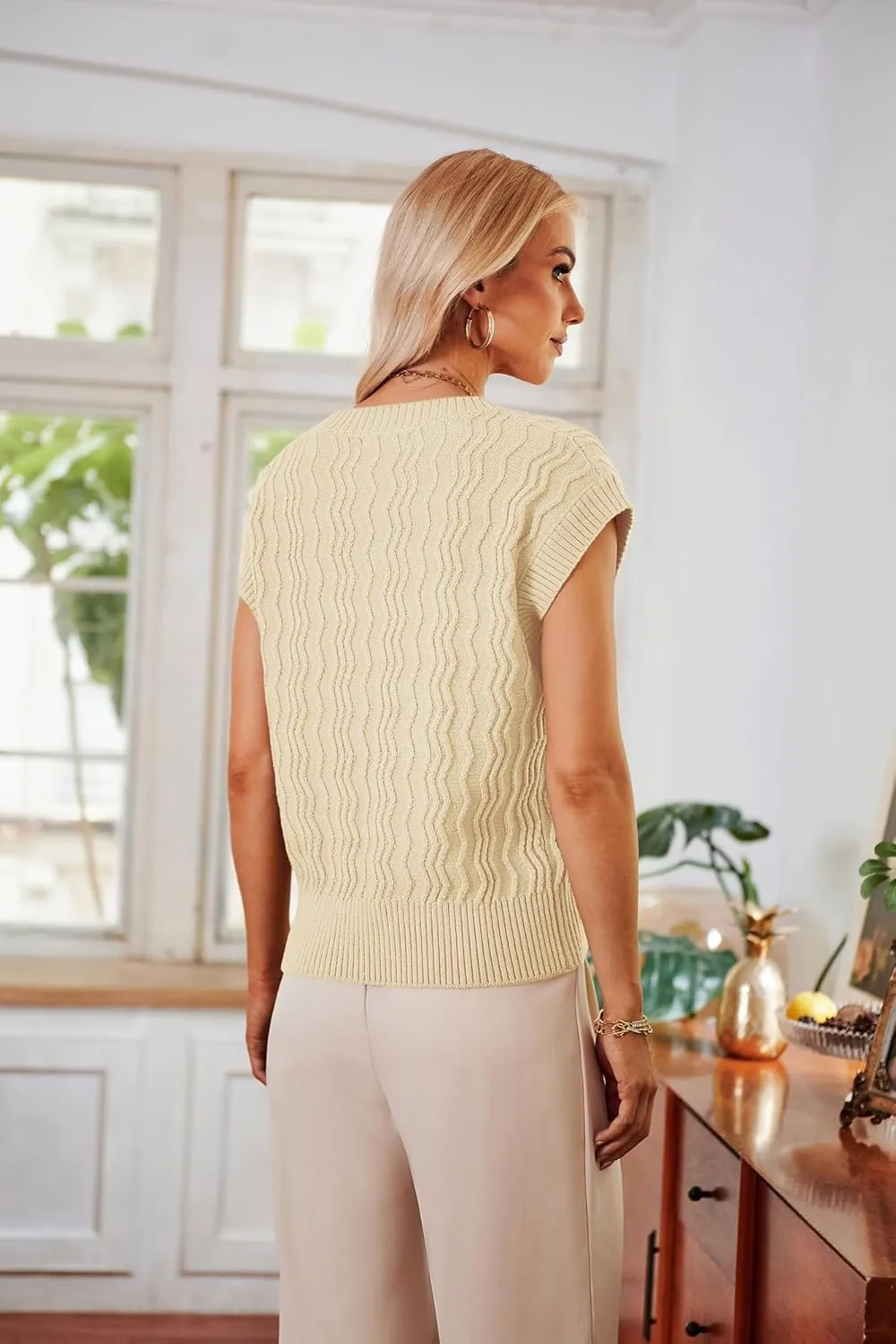 GRACE KARIN Womens V Neck Sweater Vest Ribbed Knit Casual Cap Sleeve Loose Fit Pullover Tops Fall Clothes 2024