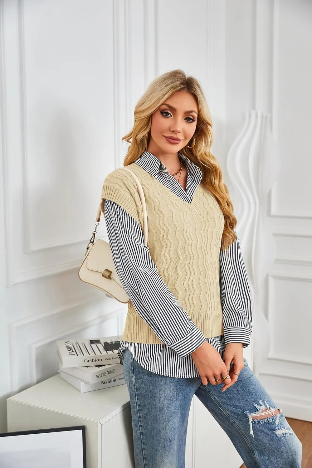 GRACE KARIN Womens V Neck Sweater Vest Ribbed Knit Casual Cap Sleeve Loose Fit Pullover Tops Fall Clothes 2024