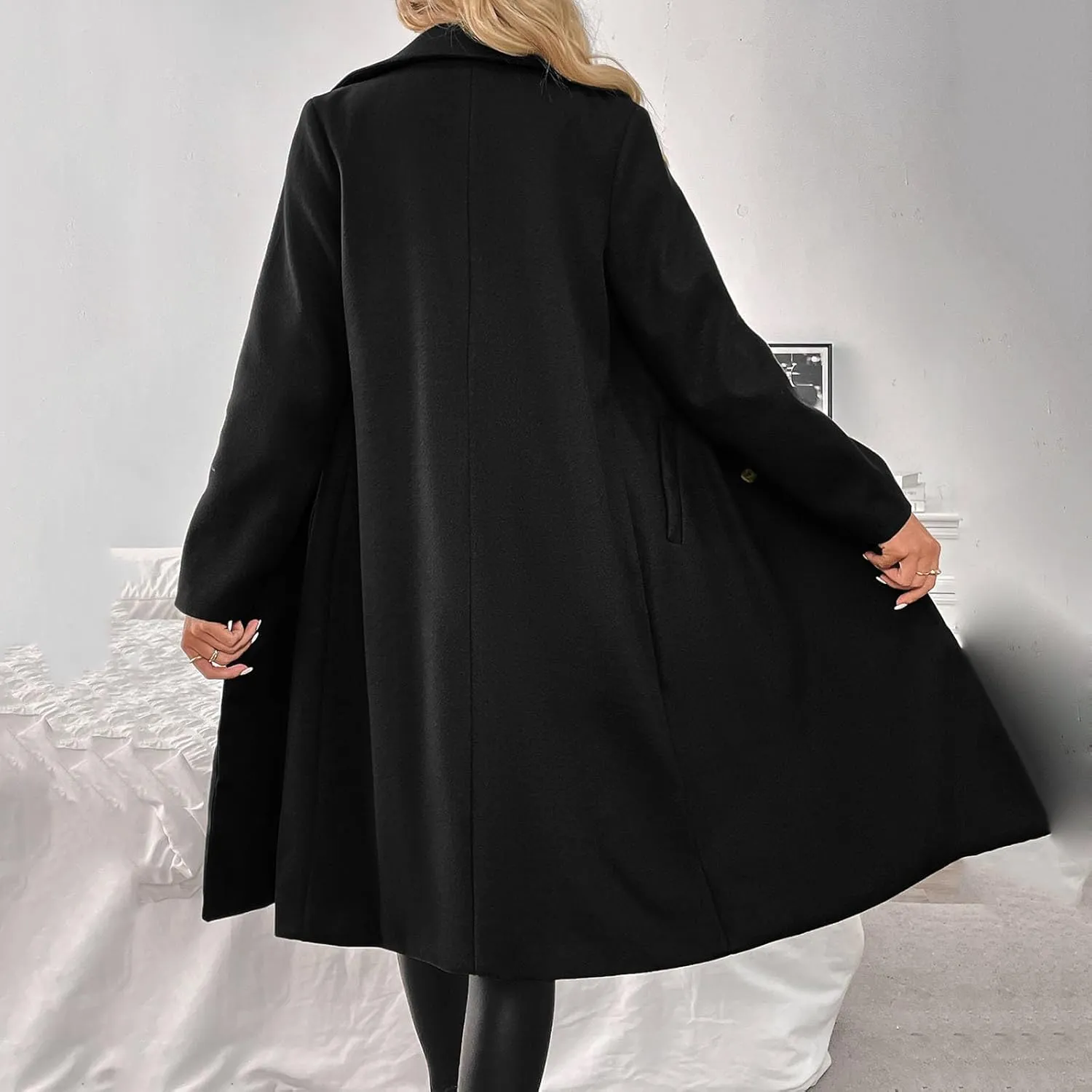 HGps8w Double-Breasted Trench Coat for Women Classic Notch Lapel Wool Blend Pea Coat Winter Mid-Long Outerwear Jackets