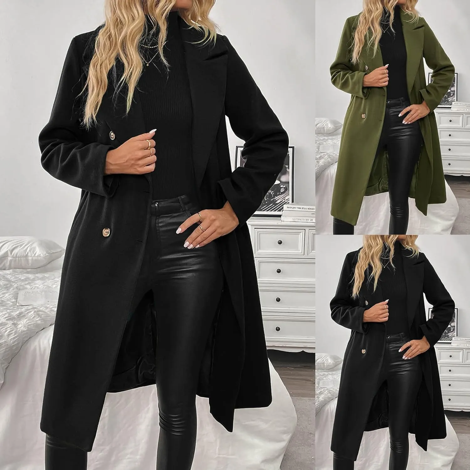 HGps8w Double-Breasted Trench Coat for Women Classic Notch Lapel Wool Blend Pea Coat Winter Mid-Long Outerwear Jackets