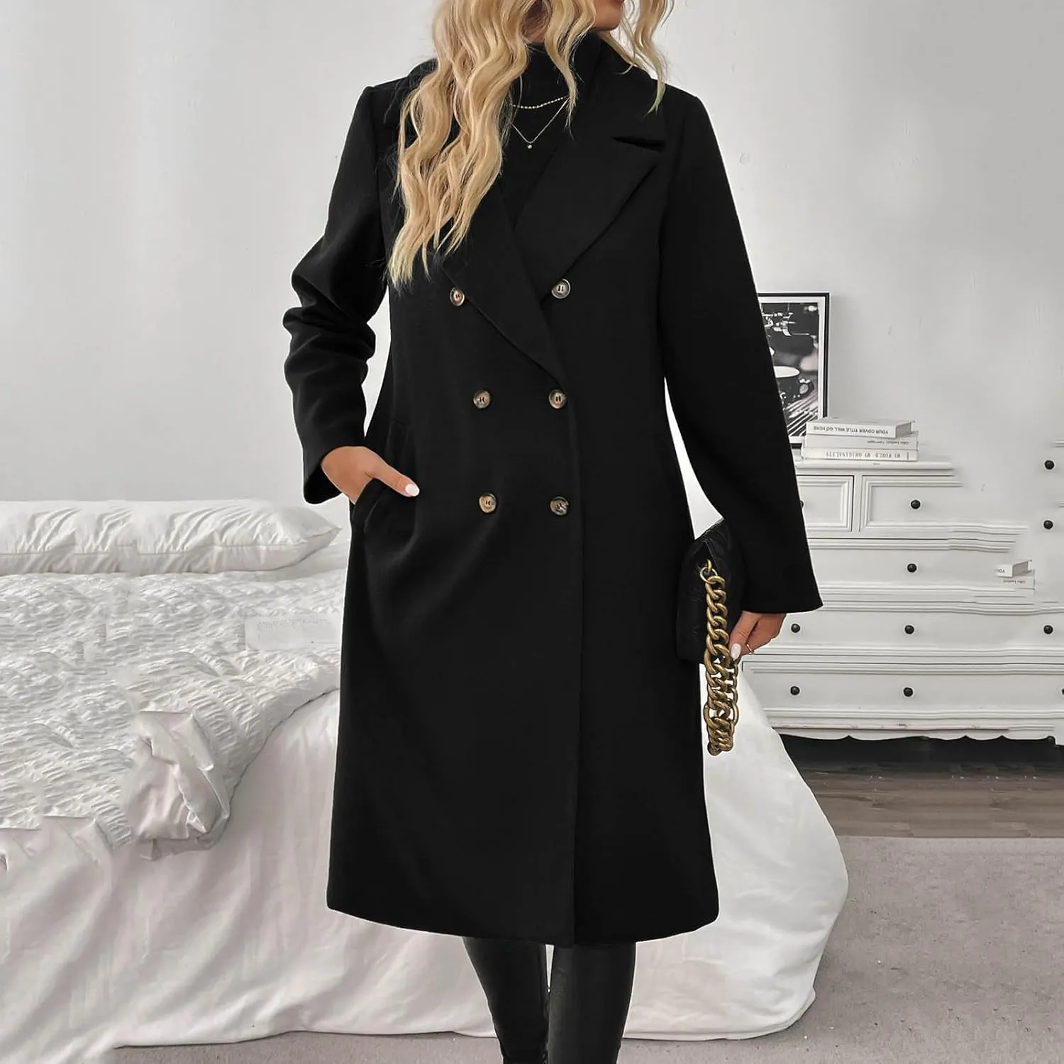 HGps8w Double-Breasted Trench Coat for Women Classic Notch Lapel Wool Blend Pea Coat Winter Mid-Long Outerwear Jackets