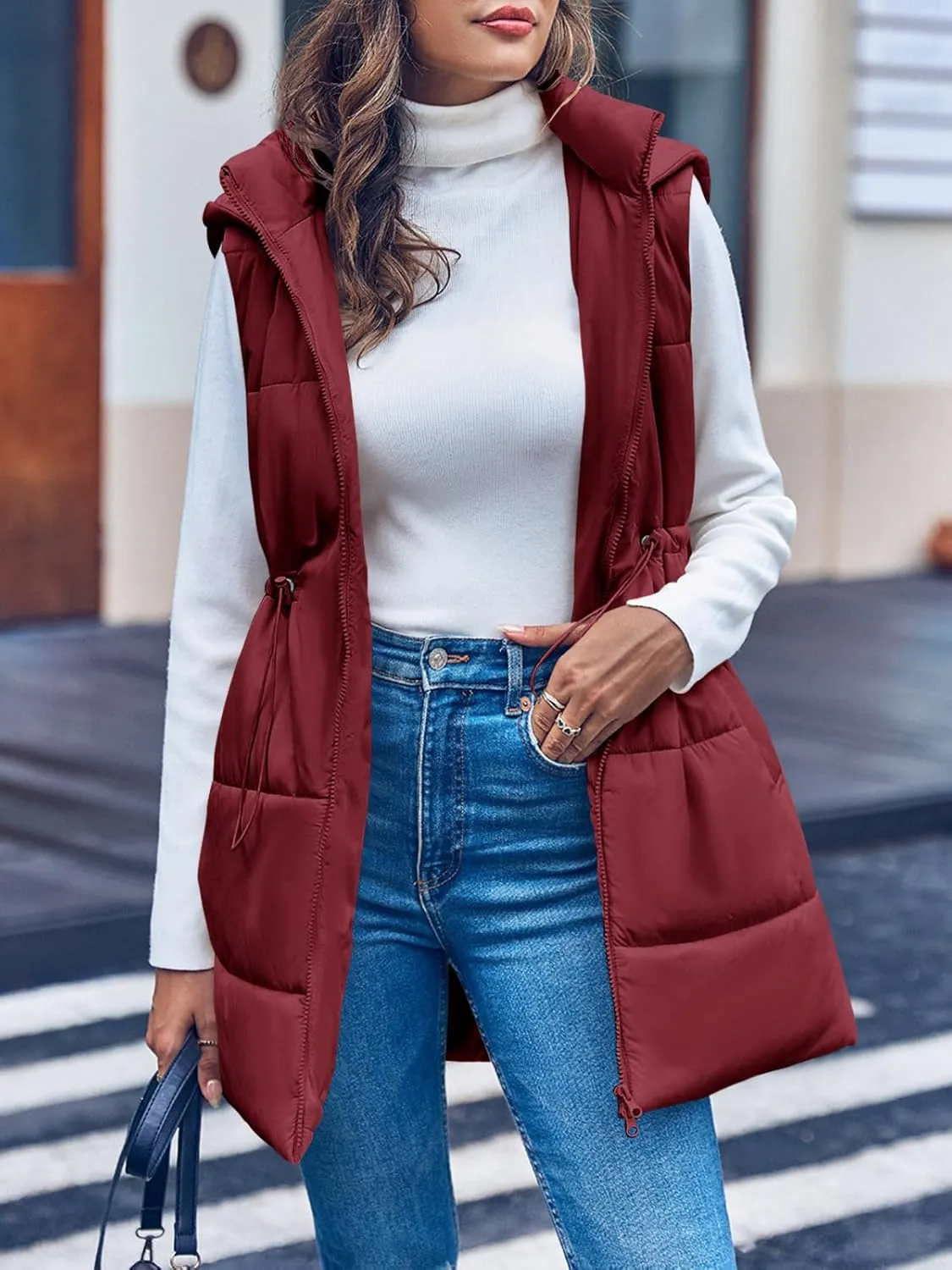 Inorin Womens Quilted Puffer Vests Hooded Sleeveless Long Outwear Jacket Zip Up Winter Coat with Pockets