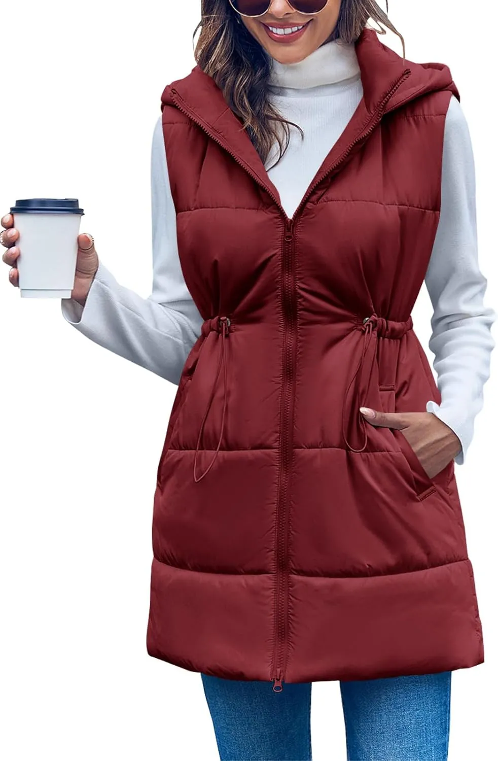 Inorin Womens Quilted Puffer Vests Hooded Sleeveless Long Outwear Jacket Zip Up Winter Coat with Pockets