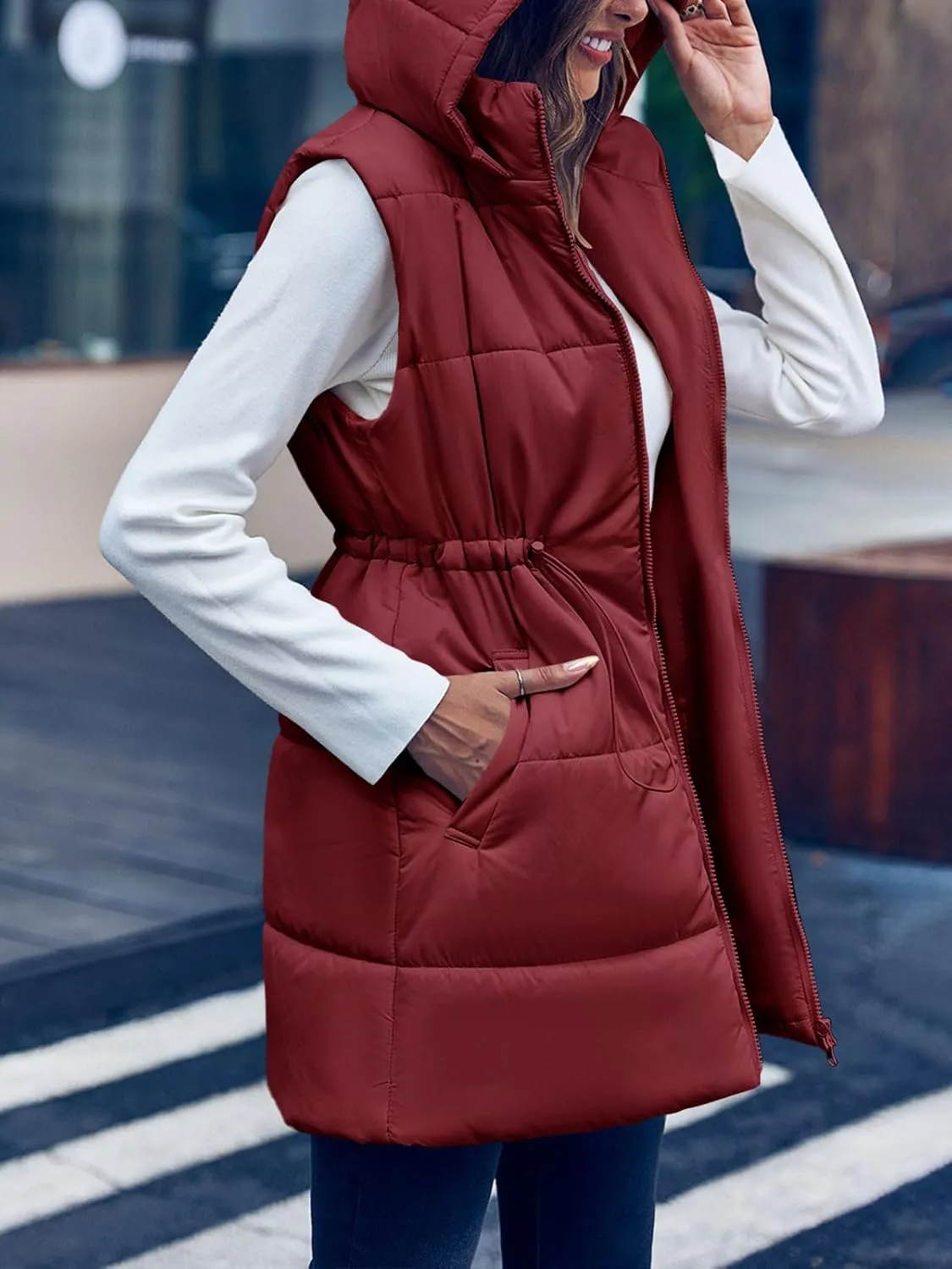 Inorin Womens Quilted Puffer Vests Hooded Sleeveless Long Outwear Jacket Zip Up Winter Coat with Pockets
