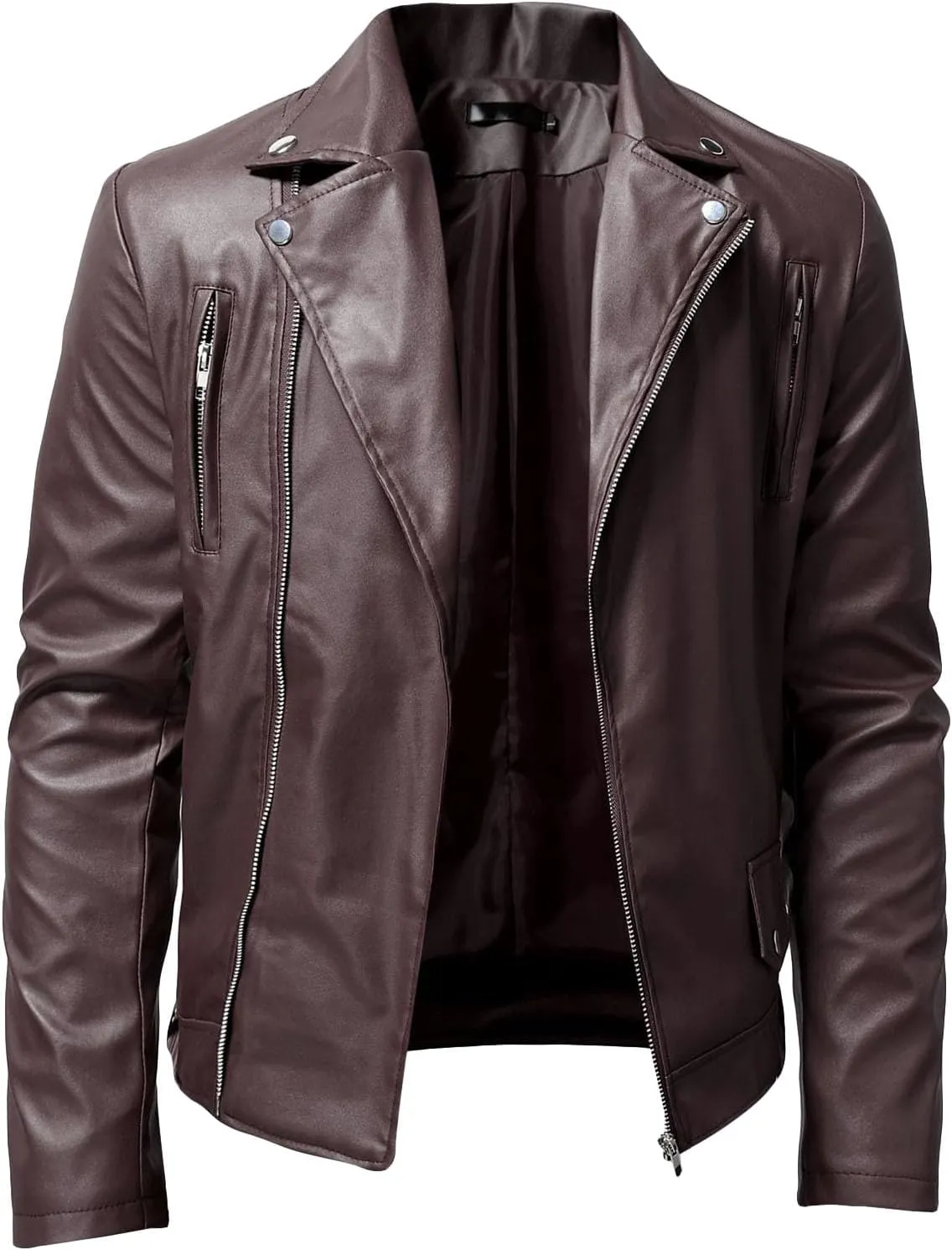 JEsilunmaMY Mens Solid Color Casual Leather Jacket Asymmetric Zip Suit Collar Bomber Coat Fashion Slim Moto Biker Outwear