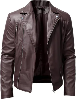 JEsilunmaMY Mens Solid Color Casual Leather Jacket Asymmetric Zip Suit Collar Bomber Coat Fashion Slim Moto Biker Outwear
