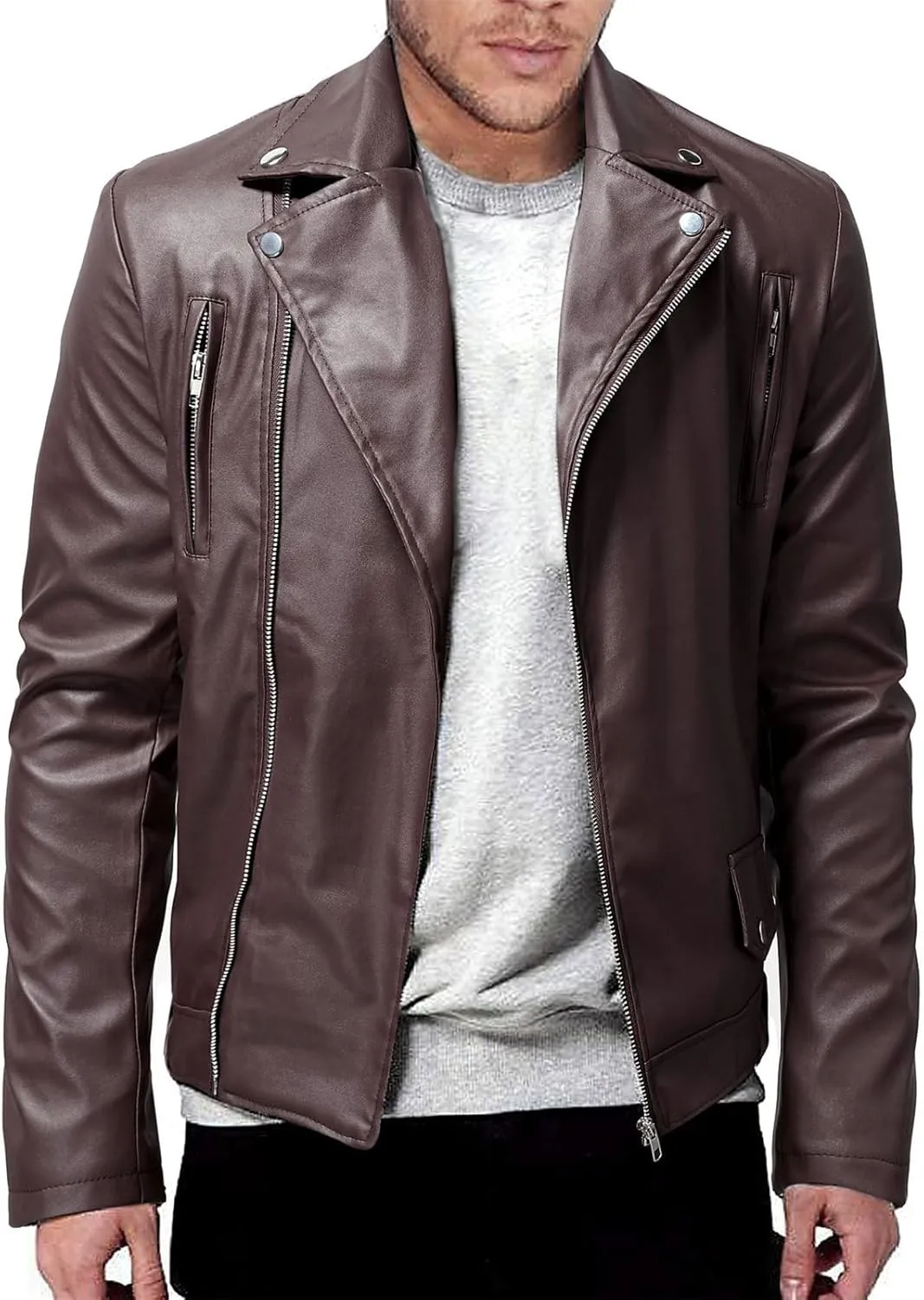JEsilunmaMY Mens Solid Color Casual Leather Jacket Asymmetric Zip Suit Collar Bomber Coat Fashion Slim Moto Biker Outwear