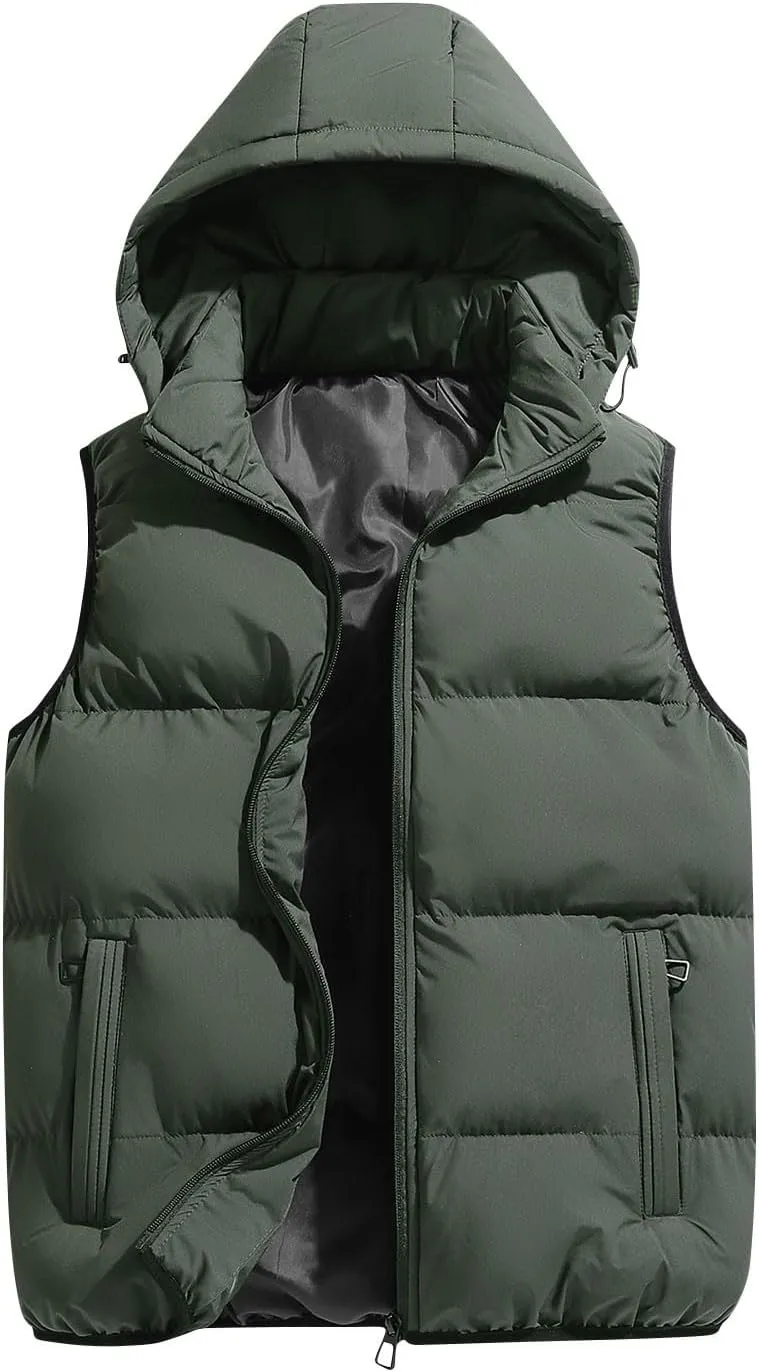 Lmdudan Men's Quilted Puffer Vest Thicken Warm Winter Coat with Hood 2024 Fashion Sleeveless Casual Zip Up Jacket Outerwear