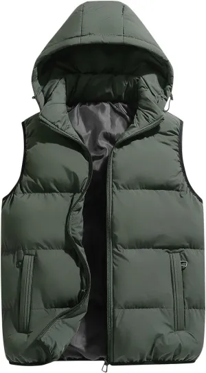 Lmdudan Men's Quilted Puffer Vest Thicken Warm Winter Coat with Hood 2024 Fashion Sleeveless Casual Zip Up Jacket Outerwear
