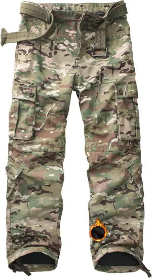 Men's Fleece Lined Camo Hiking Tactical Ripstop Pants Winter Outdoor Work Cargo Pants with 8Pockets No Belt