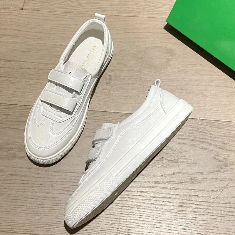Sohiwoo double belt white leather shoes woman hook&loop sneakers spring autumn casual design flat espadrilles women smll white shoes