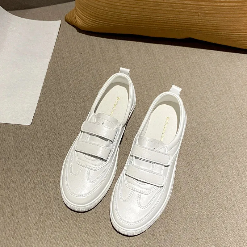 Sohiwoo double belt white leather shoes woman hook&loop sneakers spring autumn casual design flat espadrilles women smll white shoes