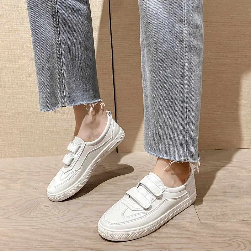 Sohiwoo double belt white leather shoes woman hook&loop sneakers spring autumn casual design flat espadrilles women smll white shoes