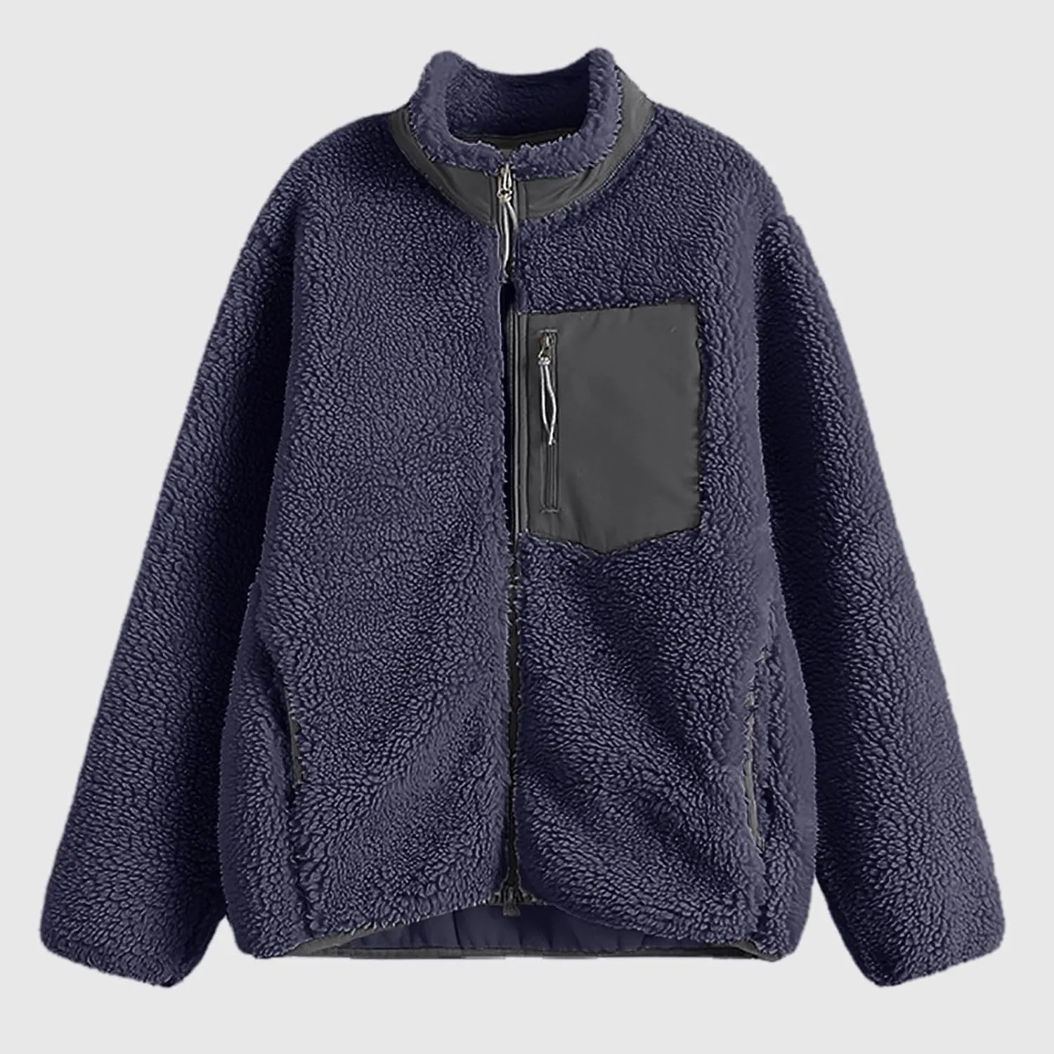 Women Fashion Casual Zipper Loose Windproof Pocket Stand Collar Warm Coat Top Women Fleece Jacket without Hood