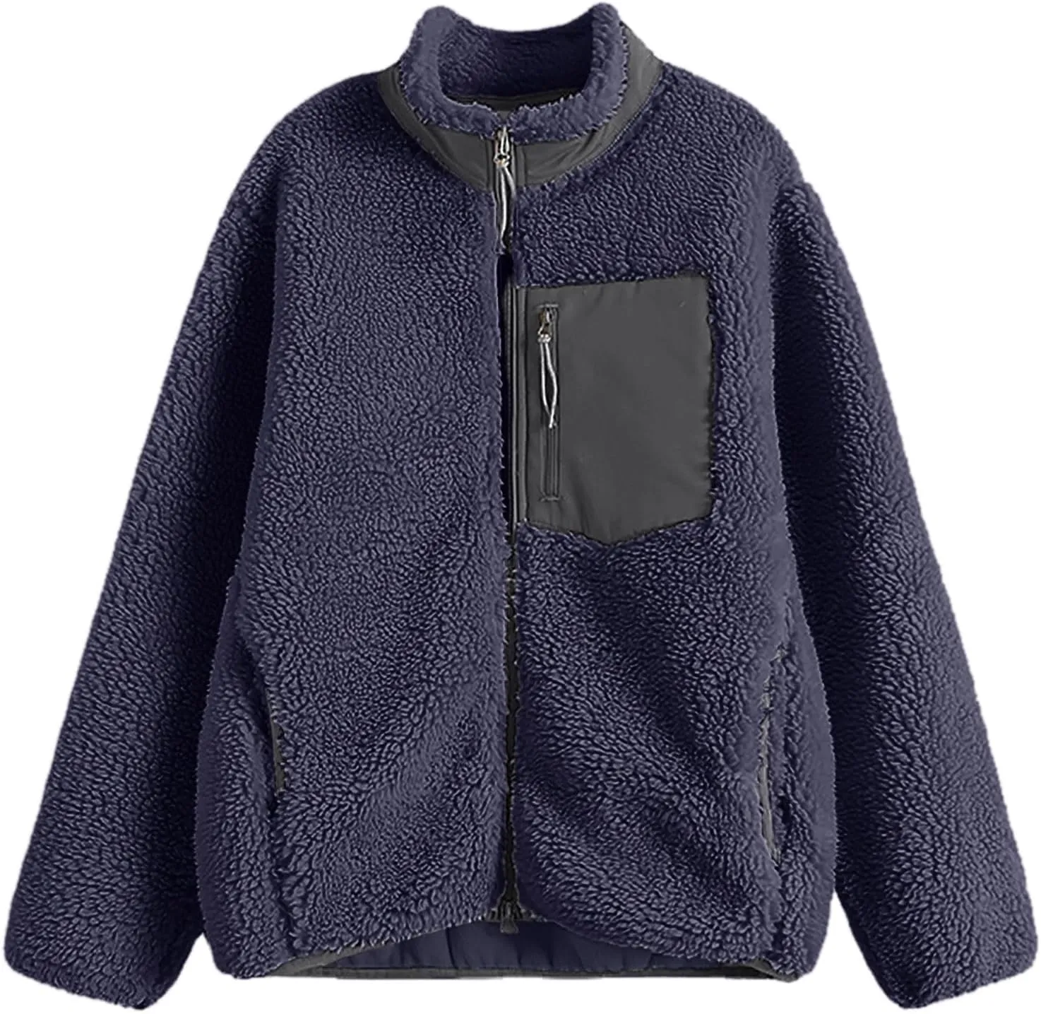 Women Fashion Casual Zipper Loose Windproof Pocket Stand Collar Warm Coat Top Women Fleece Jacket without Hood