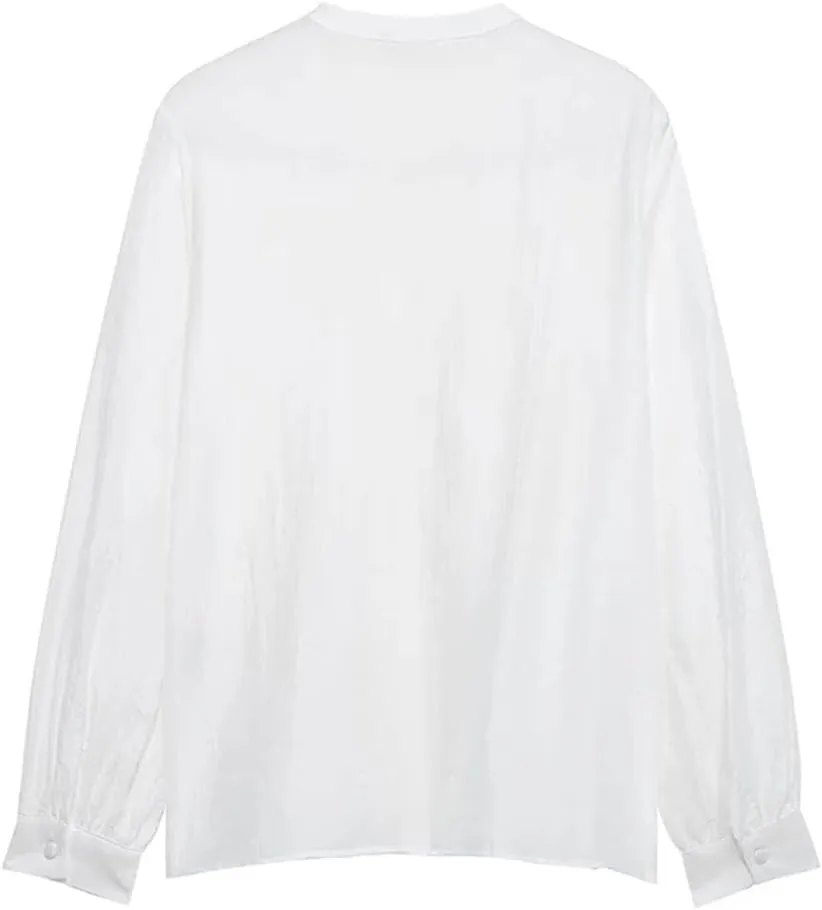 Women Vintage V Neck Single Breasted Pleated Long Sleeve Blouse Fashion Ruffled Work Top
