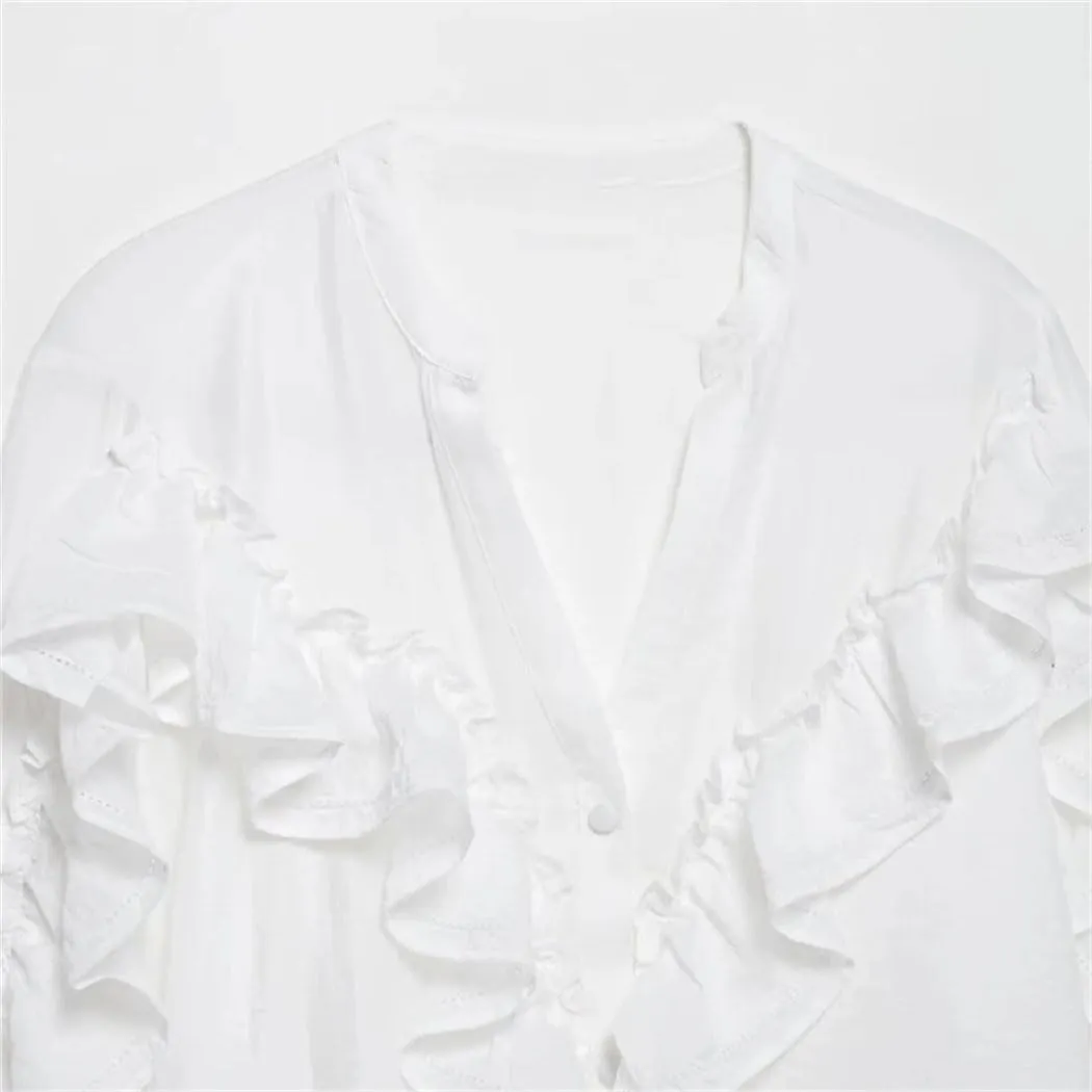 Women Vintage V Neck Single Breasted Pleated Long Sleeve Blouse Fashion Ruffled Work Top