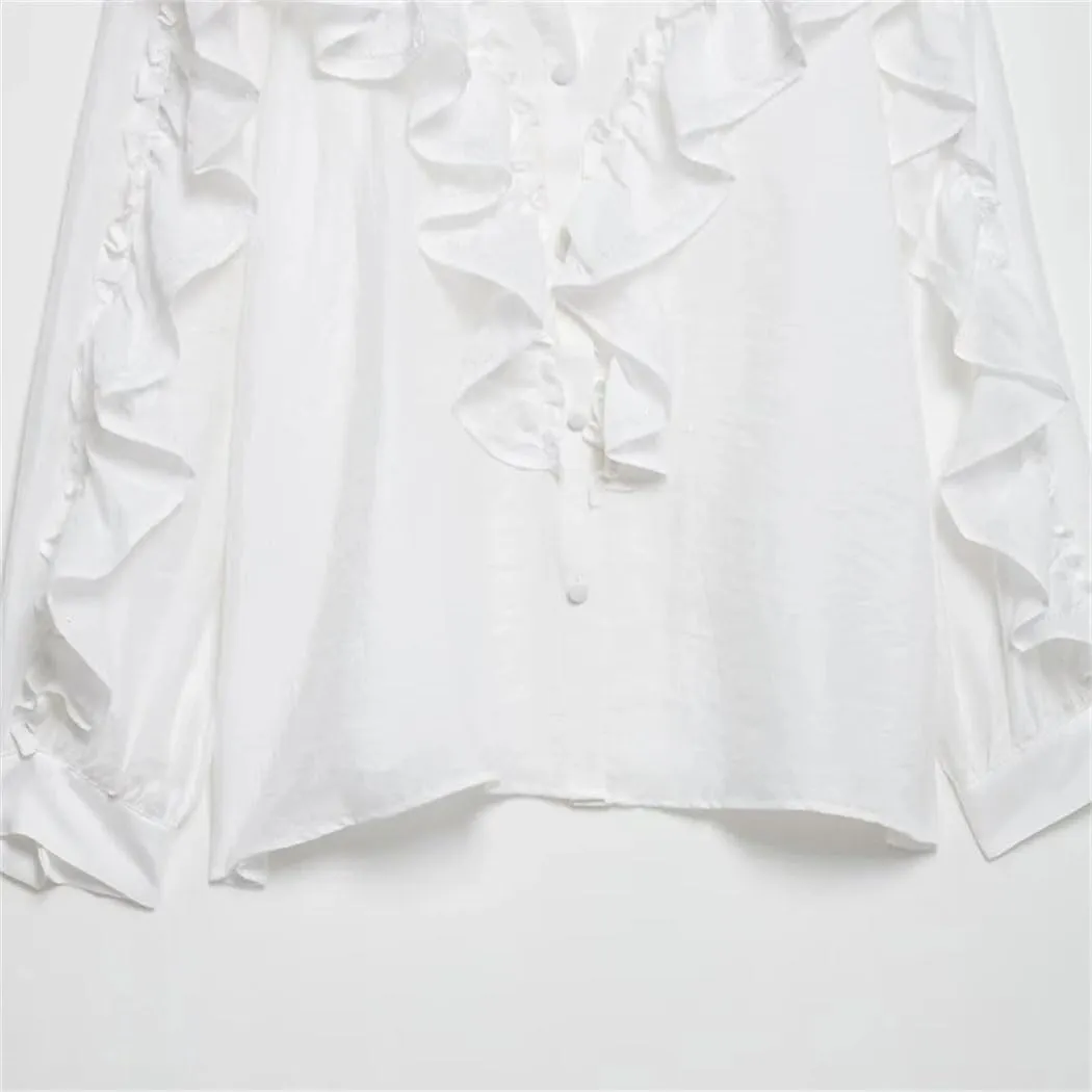 Women Vintage V Neck Single Breasted Pleated Long Sleeve Blouse Fashion Ruffled Work Top