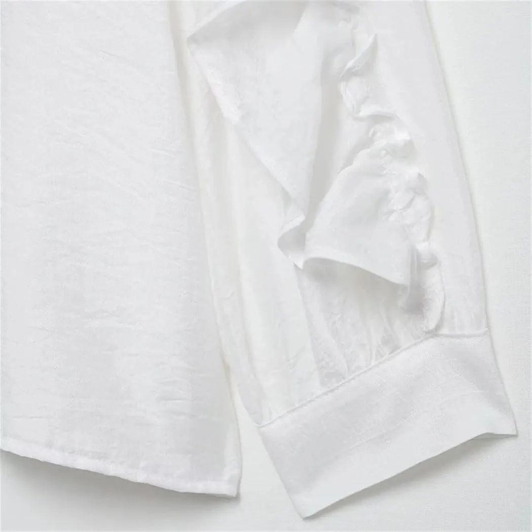 Women Vintage V Neck Single Breasted Pleated Long Sleeve Blouse Fashion Ruffled Work Top