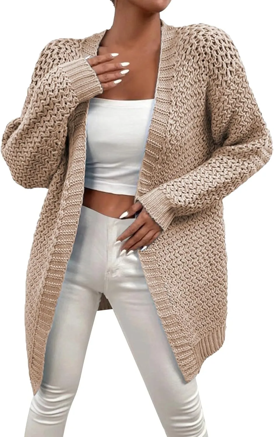 Womens Classic Long Sleeve Knit Cardigan Sweaters Casual Open Front Cardigan Cable Knit Chunky Outwear Lightweight Coats
