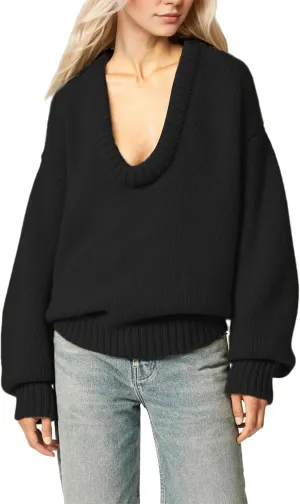 Womens Deep V Neck Sweater Long Sleeve Low Cut Oversized Solid Pullover Drop Shoulder Knit Jumper Sweatshirt Tops