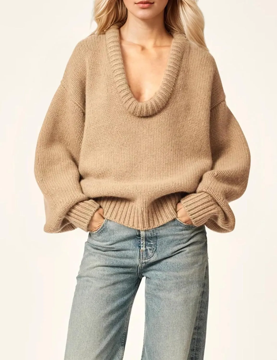 Womens Deep V Neck Sweater Long Sleeve Low Cut Oversized Solid Pullover Drop Shoulder Knit Jumper Sweatshirt Tops