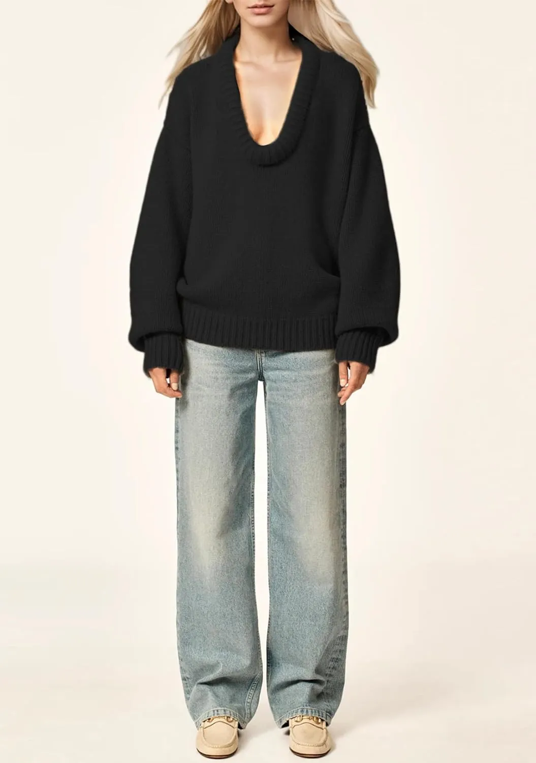Womens Deep V Neck Sweater Long Sleeve Low Cut Oversized Solid Pullover Drop Shoulder Knit Jumper Sweatshirt Tops