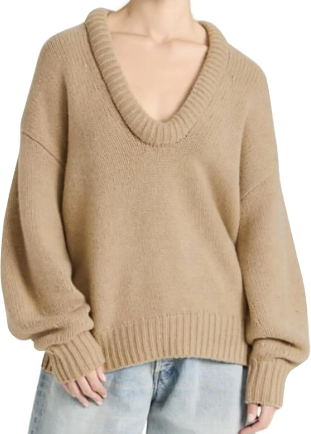 Womens Deep V Neck Sweater Long Sleeve Low Cut Oversized Solid Pullover Drop Shoulder Knit Jumper Sweatshirt Tops