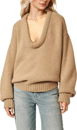 Womens Deep V Neck Sweater Long Sleeve Low Cut Oversized Solid Pullover Drop Shoulder Knit Jumper Sweatshirt Tops
