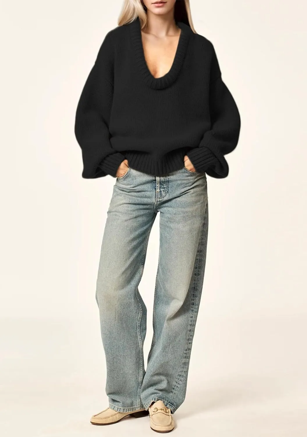 Womens Deep V Neck Sweater Long Sleeve Low Cut Oversized Solid Pullover Drop Shoulder Knit Jumper Sweatshirt Tops