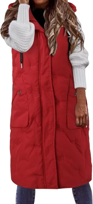 Womens Long Down Vest Hood Fashion Thickened Hooded Sleeveless Puffer Jackets Long Coats Warm 2024 Winter Outerwear