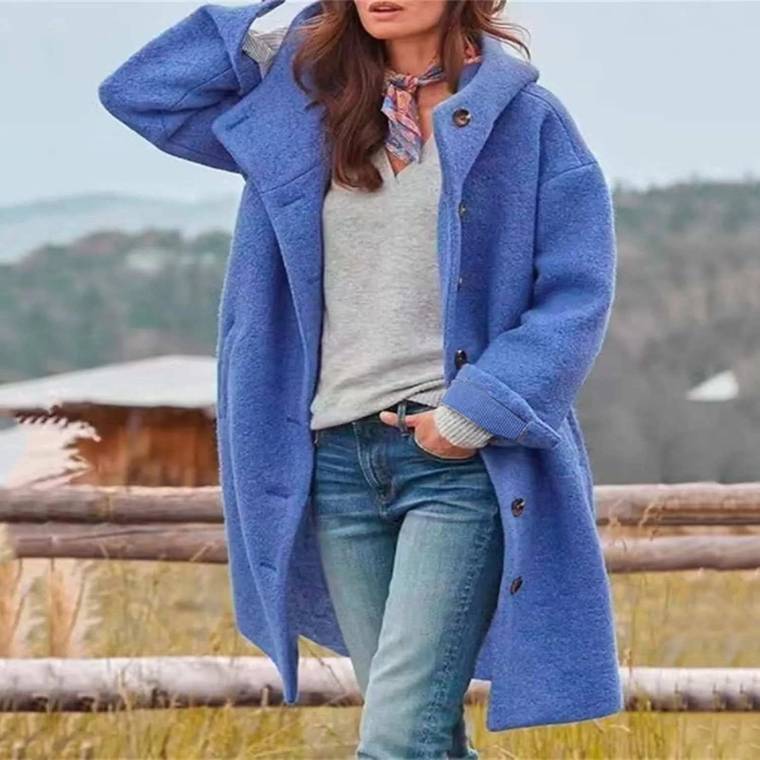 Women's Thicken Wool Blend Oversized Hoodeed Trench Coats Stand Collar Single Breasted Pea Coat Plus Size Overcoat