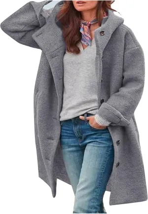 Women's Thicken Wool Blend Oversized Hoodeed Trench Coats Stand Collar Single Breasted Pea Coat Plus Size Overcoat