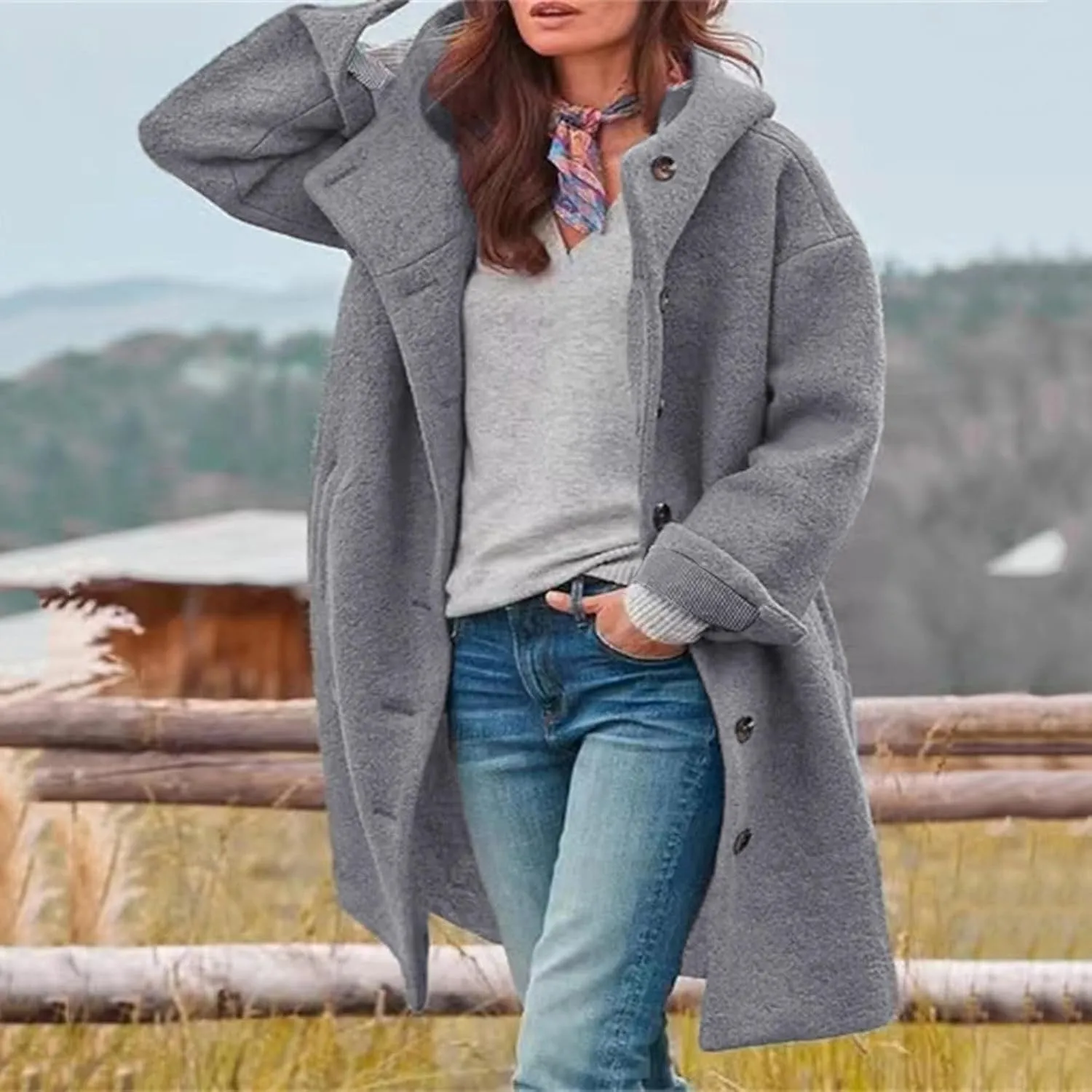 Women's Thicken Wool Blend Oversized Hoodeed Trench Coats Stand Collar Single Breasted Pea Coat Plus Size Overcoat