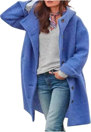 Women's Thicken Wool Blend Oversized Hoodeed Trench Coats Stand Collar Single Breasted Pea Coat Plus Size Overcoat